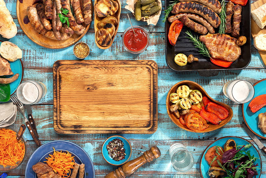vegetables, meat, beer, wood, grill resolution, BBQ HD wallpaper
