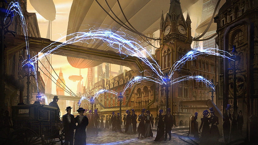 artwork, City, Steampunk, London, Airships, Street / and Mobile Background HD wallpaper