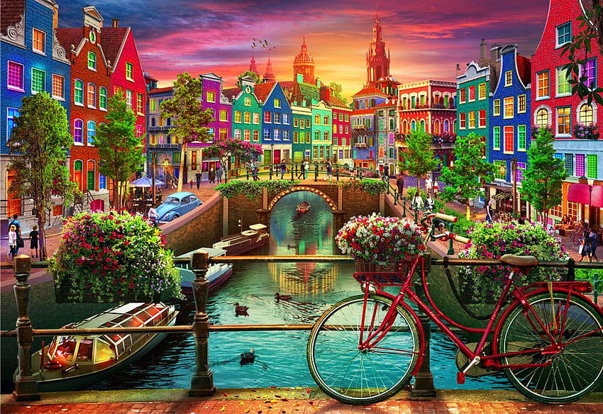 Amsterdam, artwork, bicycle, canal, digital, city, bridge, houses, netherlands, flowers HD wallpaper