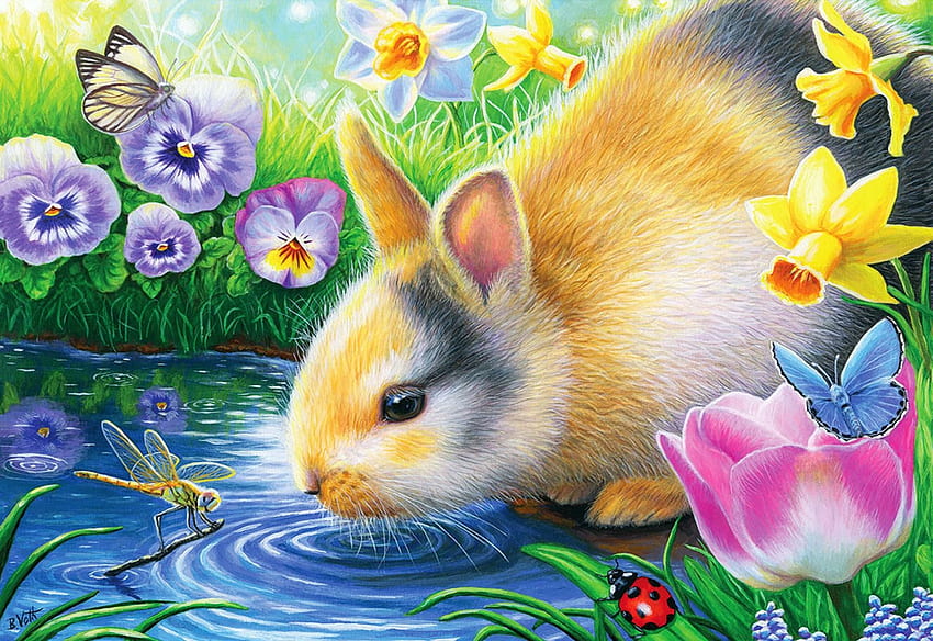A Moment In The Garden, rabbit, butterflies, pansies, tulip, painting, daffodils, flowers, spring HD wallpaper