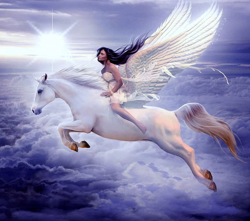 ~Flying Horse~, beautiful girls, flying horse, colors, weird things people wear, creative pre-made, love four seasons, lady, fantasy, light, manipulation, girls, models, hair HD wallpaper