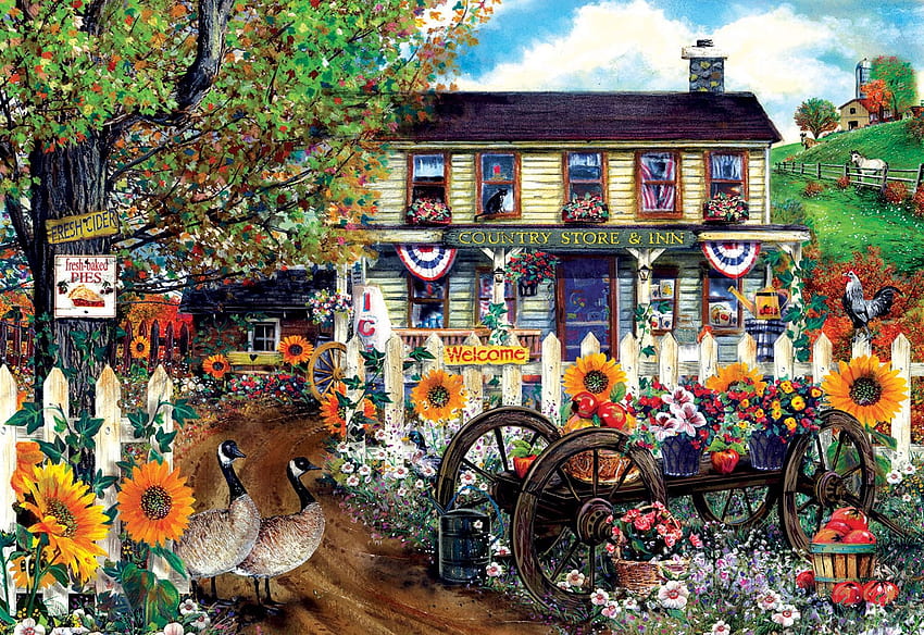 The Old Country Store, flowers, fence, house, painting, trees, geese HD wallpaper