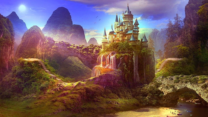ファンタジー城, 滝, 楽園, 天国 高画質の壁紙