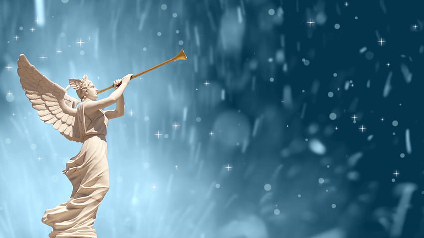Engel mit goldener Trompete auf blauem Hintergrund Bewegungshintergrund HD-Hintergrundbild