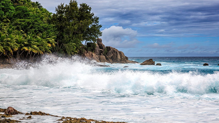 Seychelles, Indian Ocean, coast, sea, island, clouds, trees, sky HD wallpaper