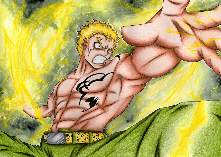 Laxus Dreyar, thunderbolt, bolts, fairy tail, mage, muscules, strong, male, laxus, electric, blond, thunder, fanart, anime, drawing, guild, yellow HD тапет