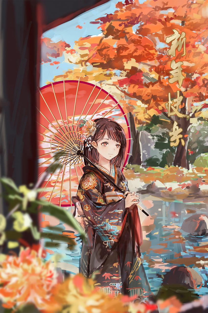 Kimono, Anime, Otoño, Chica, Jardín, Paraguas fondo de pantalla del teléfono