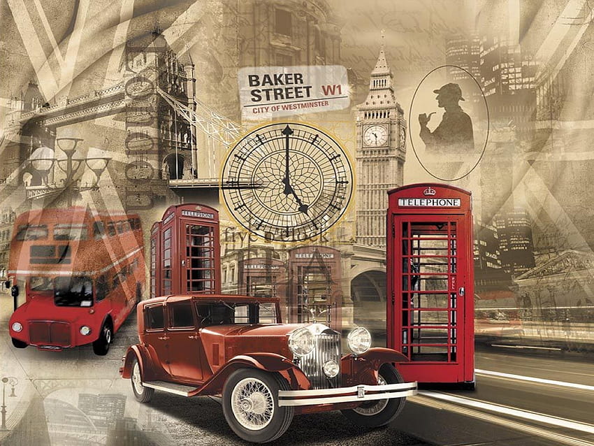 London Collage, Rolls Royce, Big Ben, automóvil, Sherlock Holmes, Londres, autobús rojo, Baker Street, London Bridge, cabina telefónica roja, reloj fondo de pantalla