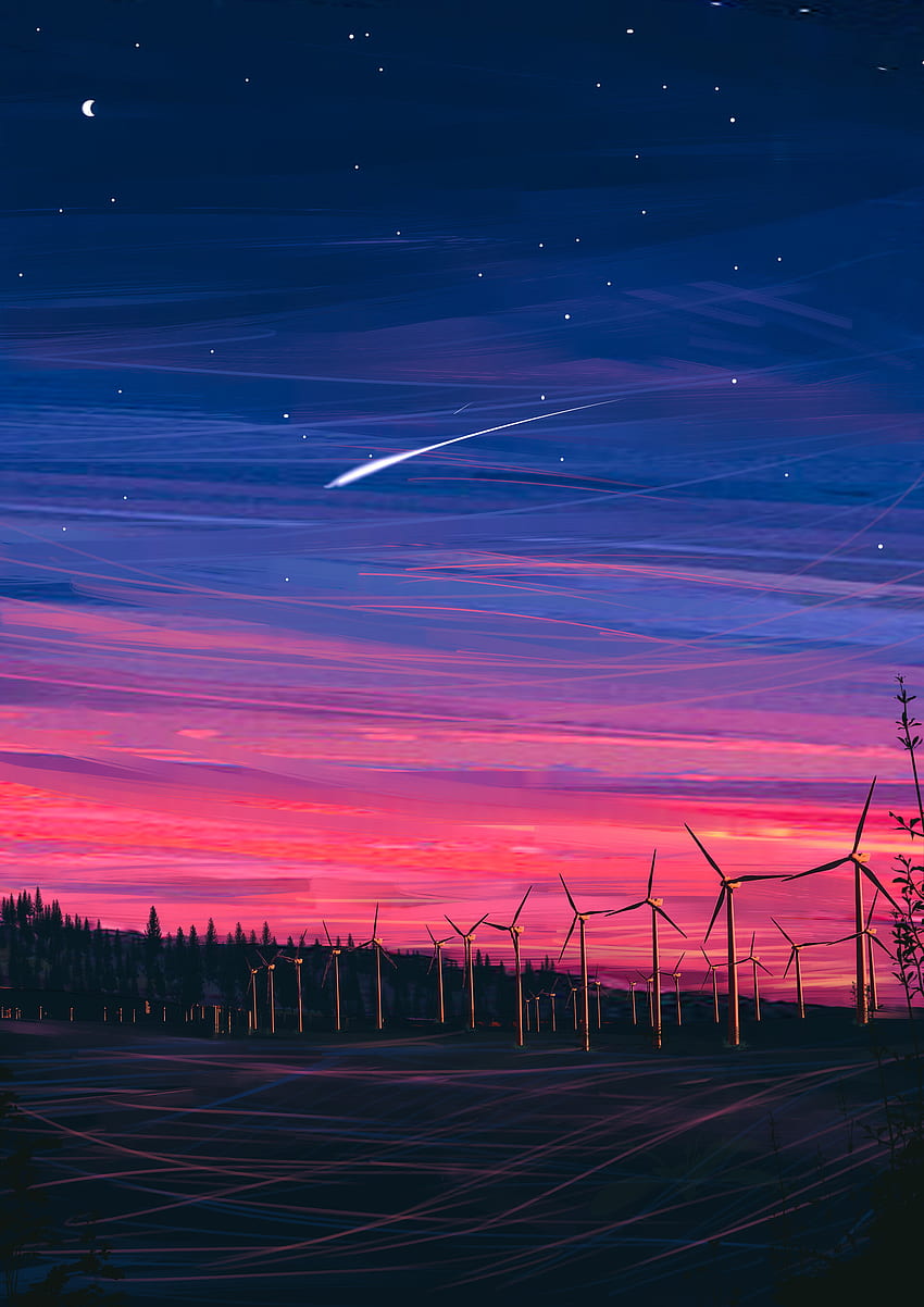 Kunst, Nacht, Sternenhimmel, Windkraftanlage, Turbinen, Turbine HD-Handy-Hintergrundbild