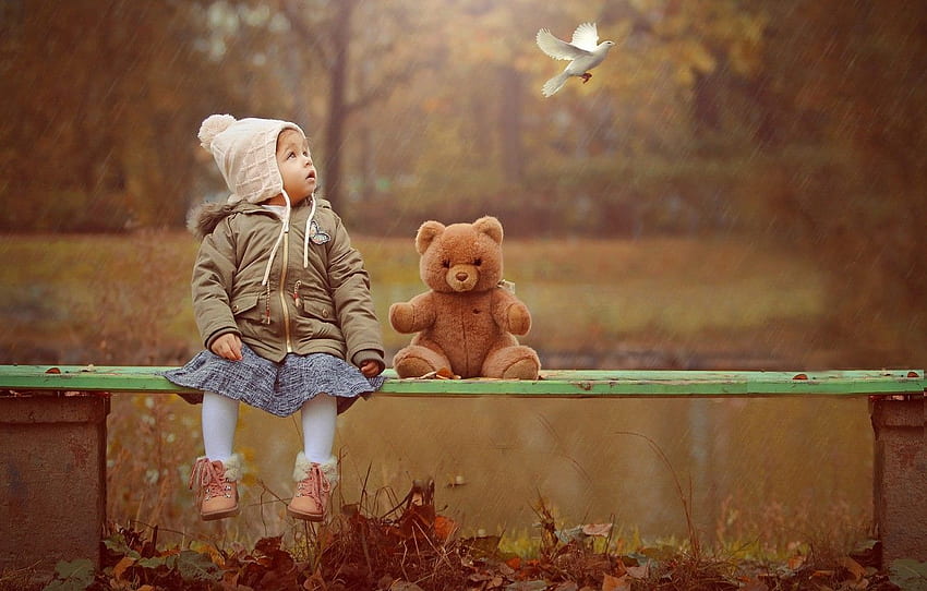 autumn, nature, rain, bird, toy, dove, bear, girl, shop, baby, child, Ahmed Hanjoul for , section настроения HD wallpaper