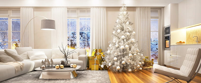 Udekorowane na Boże Narodzenie, Prezenty, Projektowanie wnętrz, Drzewa, Dekoracje, Natura, Ozdoby, Zima, Boże Narodzenie, Święta Tapeta HD