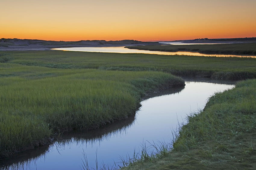 Felder: Salt Sandwich Massachusetts USA Cape Marsh Sunrise Cod HD-Hintergrundbild