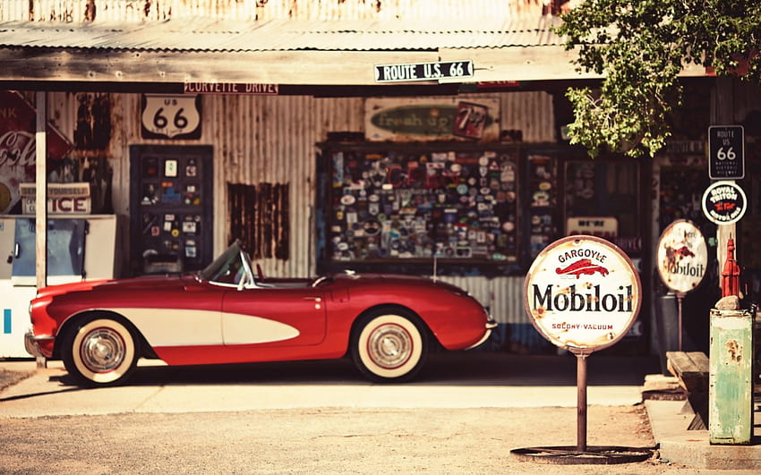 corvette classica in un garage sulla route 66, segnaletica, convertibile, classico, auto, garage Sfondo HD