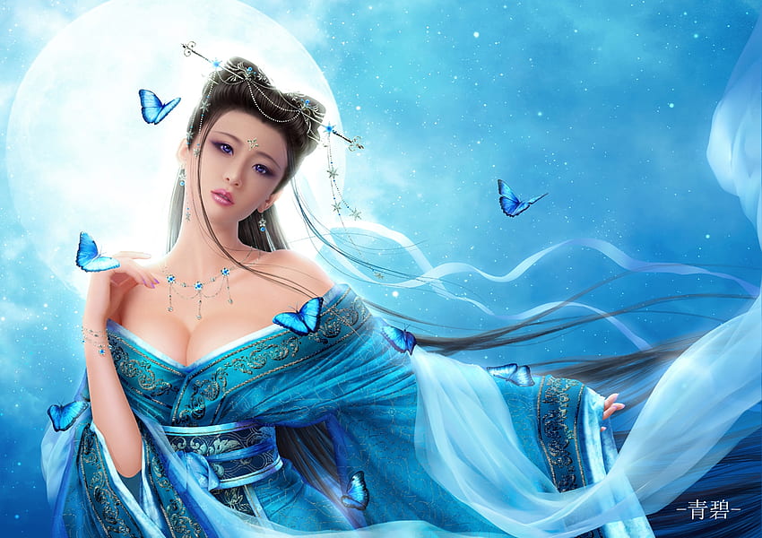 Fantasy girl, frumusete, asian, gorgeous, girl, hand, wind, butterfly, moon, fantasy, luna, luminos, princess HD wallpaper