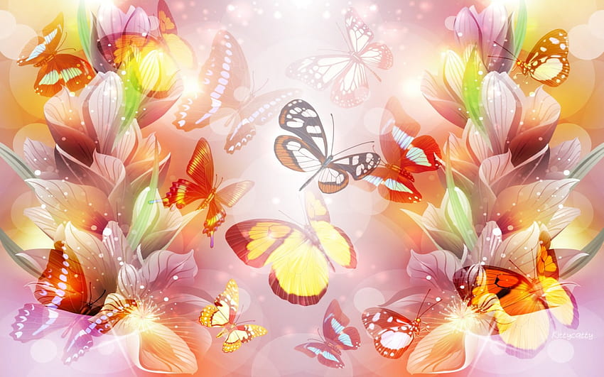 Butterfly Paradise, farfalle, design, arte, luce, pace, natura, fiori, collage Sfondo HD