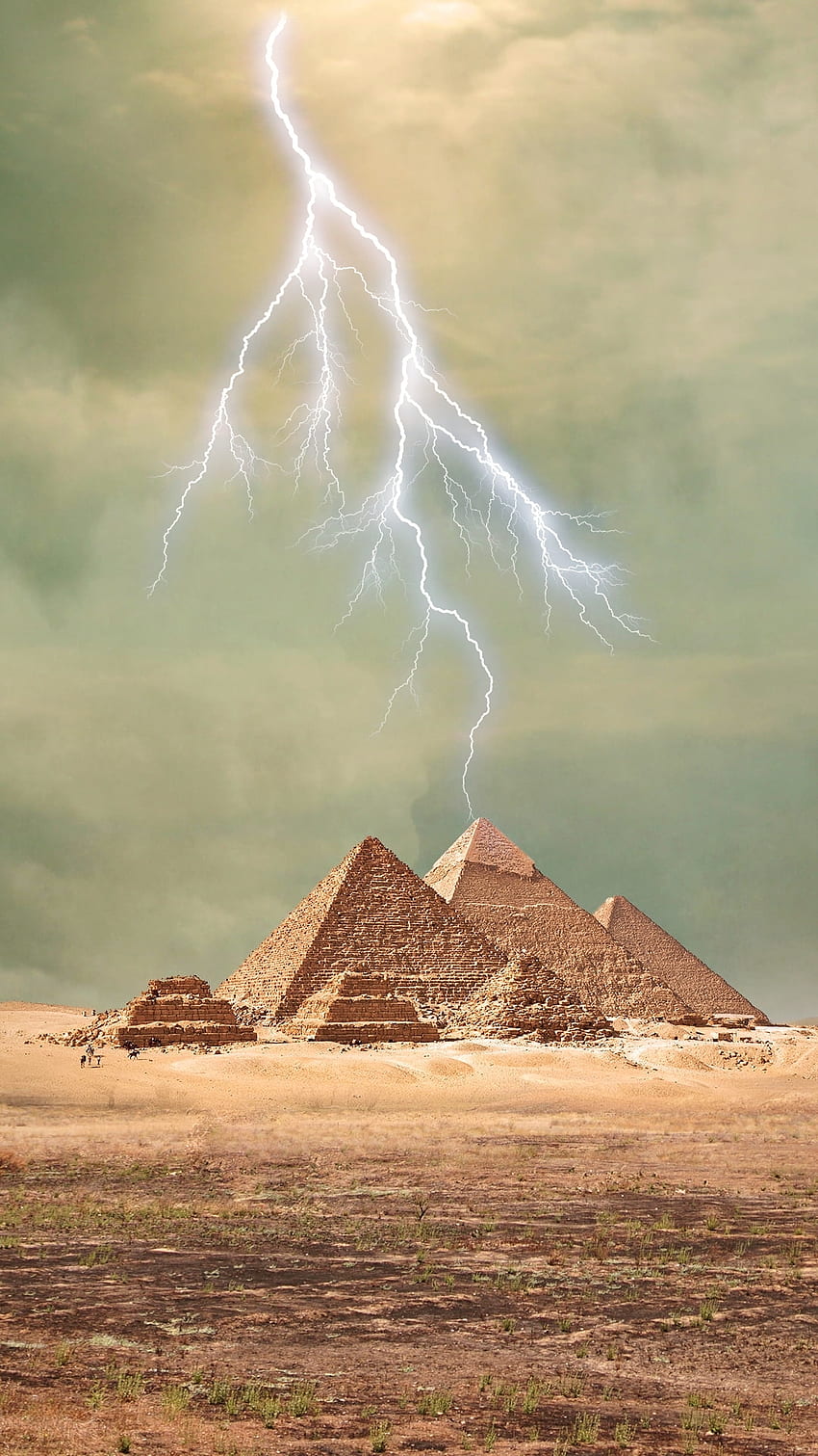 Пирамиди, облак, мълния, Египет, пирамида, древен Египет, гръм, пустиня, фараон HD тапет за телефон