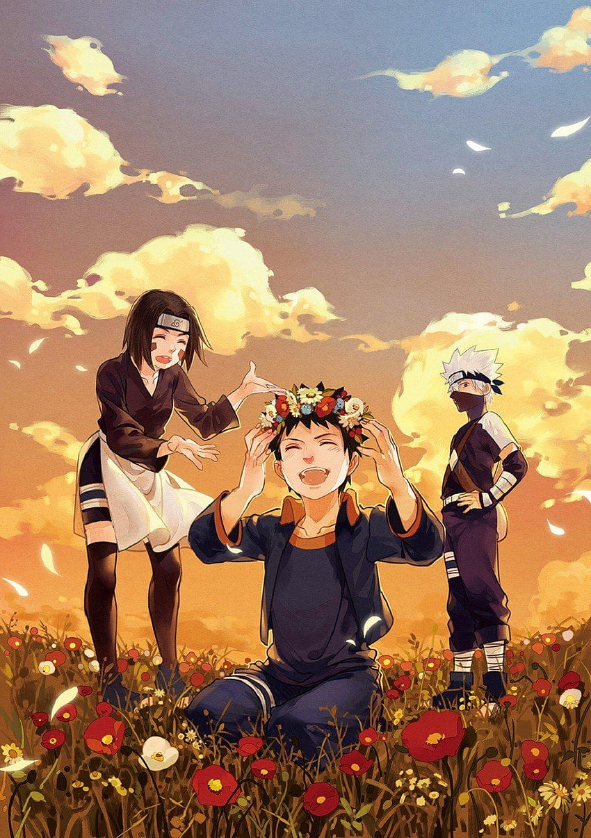 artwork, Nohara Rin, Hatake Kakashi, Uchiha Obito, Flowers, Anime, Naruto Shippuuden / and Mobile Background HD phone wallpaper