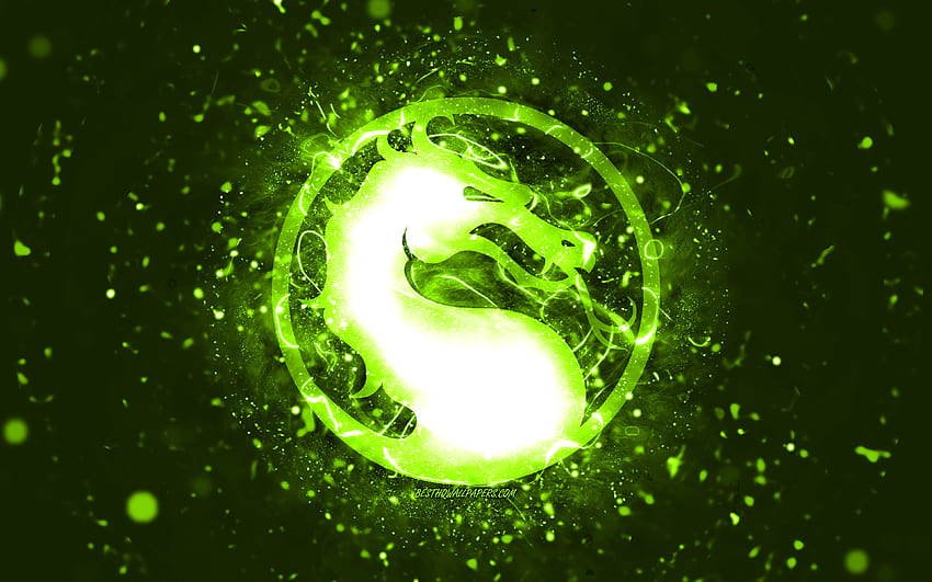 Mortal Kombat lime logo, , lime neon lights, creative, lime abstract background, Mortal Kombat logo, online games, Mortal Kombat HD wallpaper