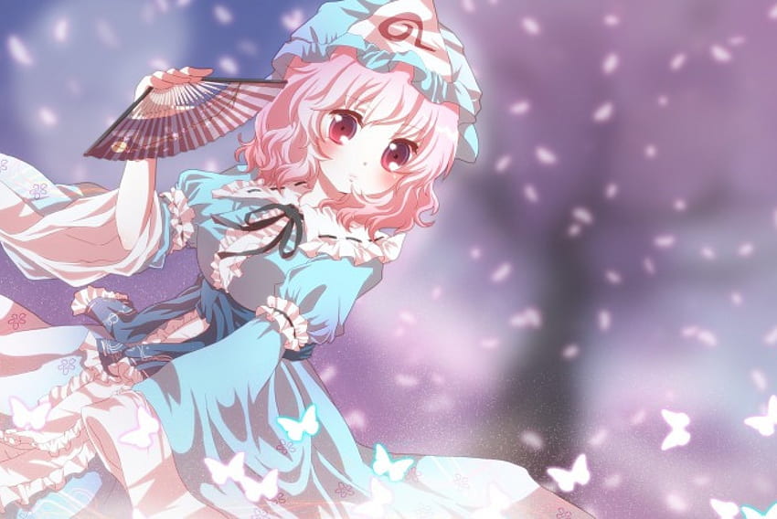 Saigyouji Yuyuko, Mädchen, rosa Haare, Kleid, Fächer, Schmetterlinge, Anime, kurze Haare, rosa Augen, Hut HD-Hintergrundbild