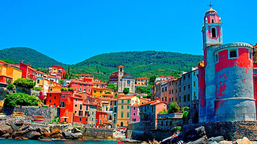 Tellaro_Italy, sea, architecture, city, colors, Italy, ancient, rocks, mountain, panorama, landscapes, Italia, green, homes, view, sky, village HD wallpaper