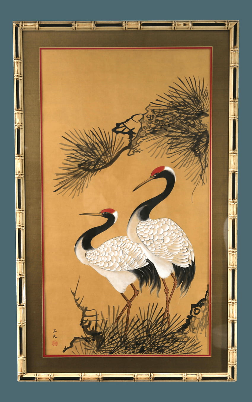 Gru a corona rossa giapponese d'epoca pittura, gru giapponese pittura di uccelli Sfondo del telefono HD