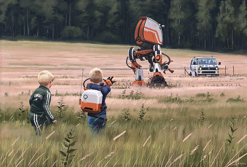 ศิลปะ Sci Fi ย้อนยุคที่สวยงามชวนหลอนของ Simon Stålenhag หุ่นยนต์ Sci-Fi โบราณ วอลล์เปเปอร์ HD