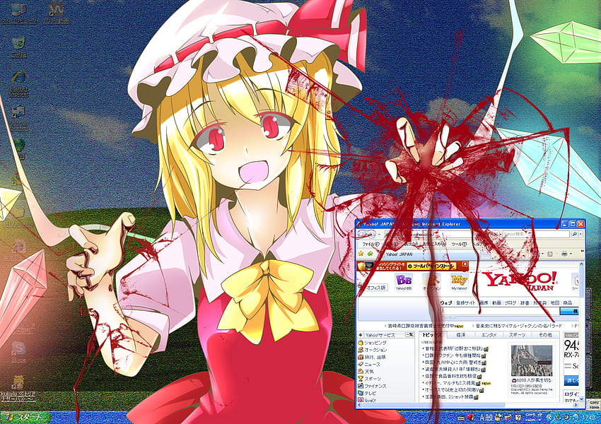 Gimme A Hug, wings, cute, evil, red eyes, fourth wall, girl, , anime, touhou, crack, computer, screen, blood, flandre scarlet HD wallpaper