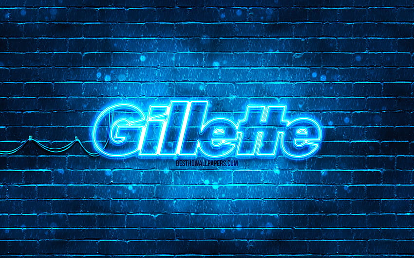 Gillette blue logo, , blue brickwall, Gillette logo, brands, Gillette neon logo, Gillette HD wallpaper