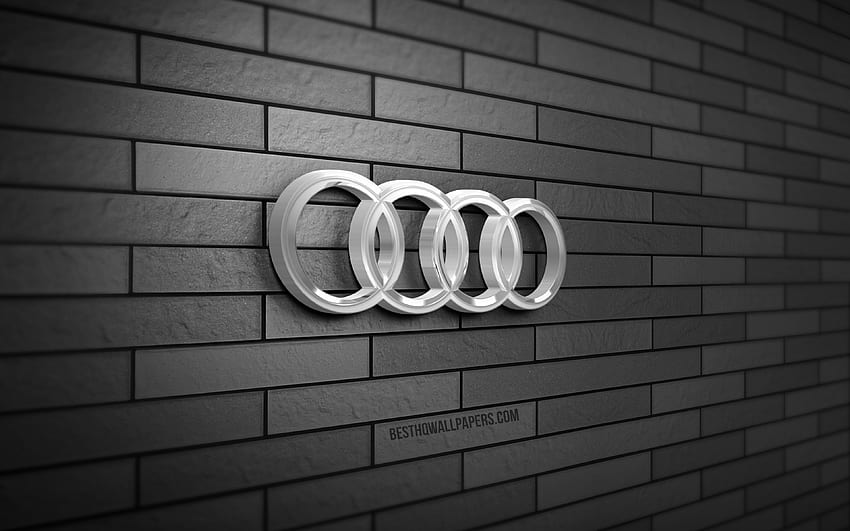 Logotipo de Audi en 3D, pared de ladrillo gris, creativo, marcas de automóviles, logotipo de Audi, arte en 3D, Audi fondo de pantalla