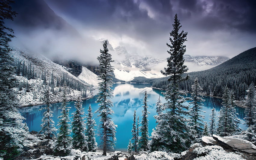 Canada, Banff National Park, lake, trees, mountains, Canada Winter HD wallpaper