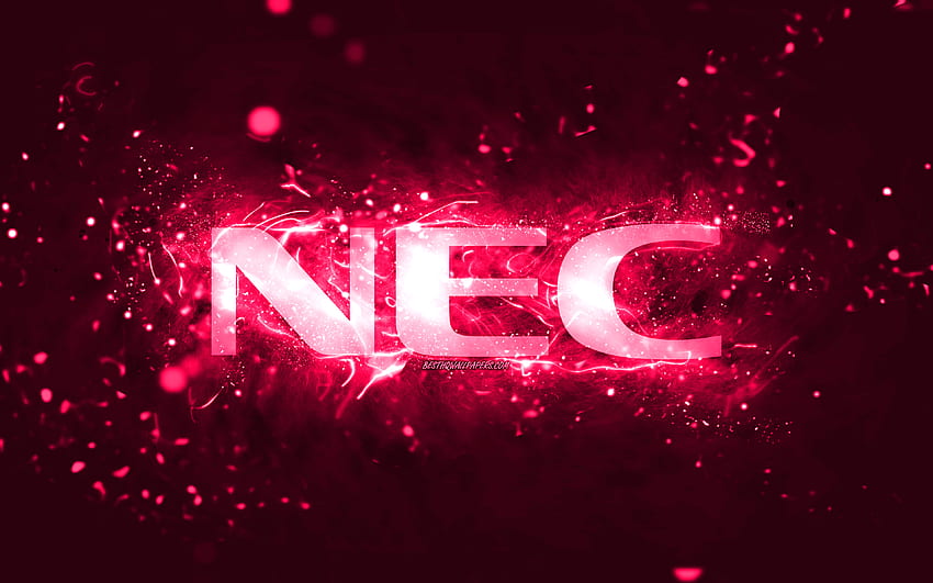 NEC pink logo, , pink neon lights, creative, pink abstract background, NEC logo, brands, NEC HD wallpaper