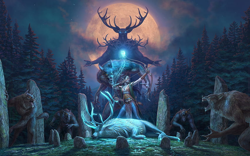 Wolfhunter, blue, art, girl, wolf, elder scrolls online, fantasy, deer, game, luminos HD wallpaper