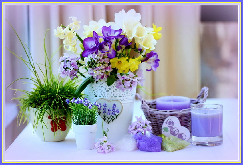 Still life, curtains, white, vase, grass, ferns, summer, wildflowers, purple, green, lavender, hearts, flowers, candles, lilac HD wallpaper