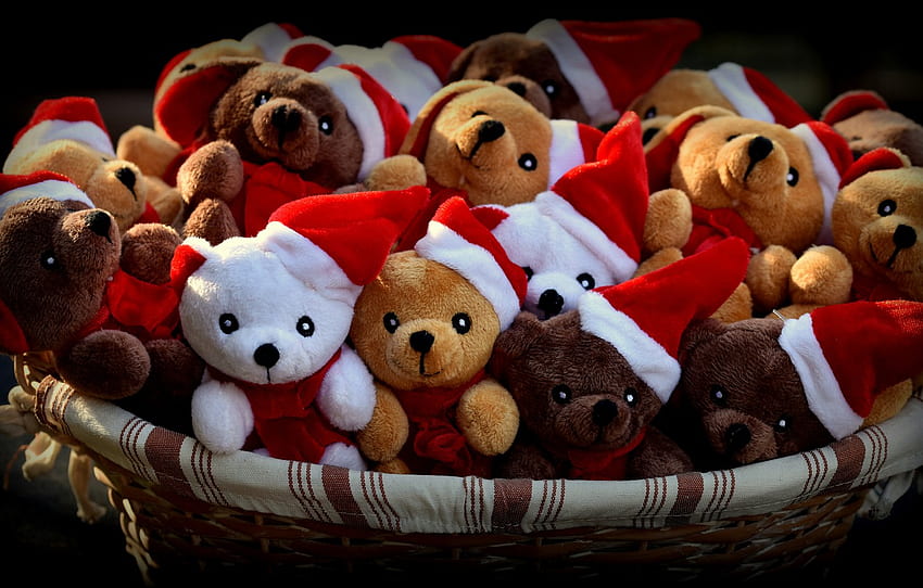 light, smile, holiday, basket, new year, bears, team, black background, company, bears, bears, Teddy, a lot, faces, caps, toy for , section новый год HD wallpaper