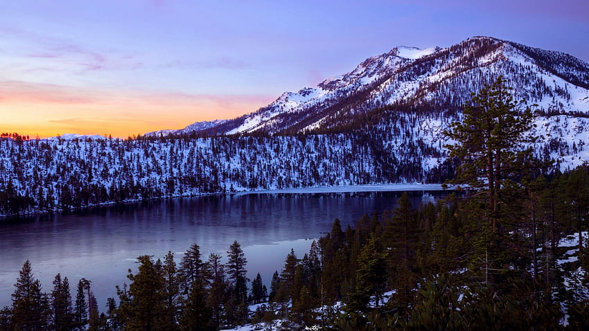 Cascade Lake And Mt. Tallac, Lake Tahoe Range, California, sunset, mountain, snow, colors, trees, sky, usa HD wallpaper