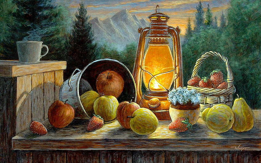 Autumn Delights, Autumn, Stilllife, friut, apples, painting, trees, Pears, lantern, mountains HD wallpaper