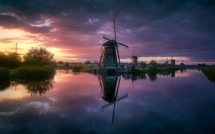 Windmills in Kinderdijk Netherlands, windmill, water, kinderdijk, netherlands HD wallpaper