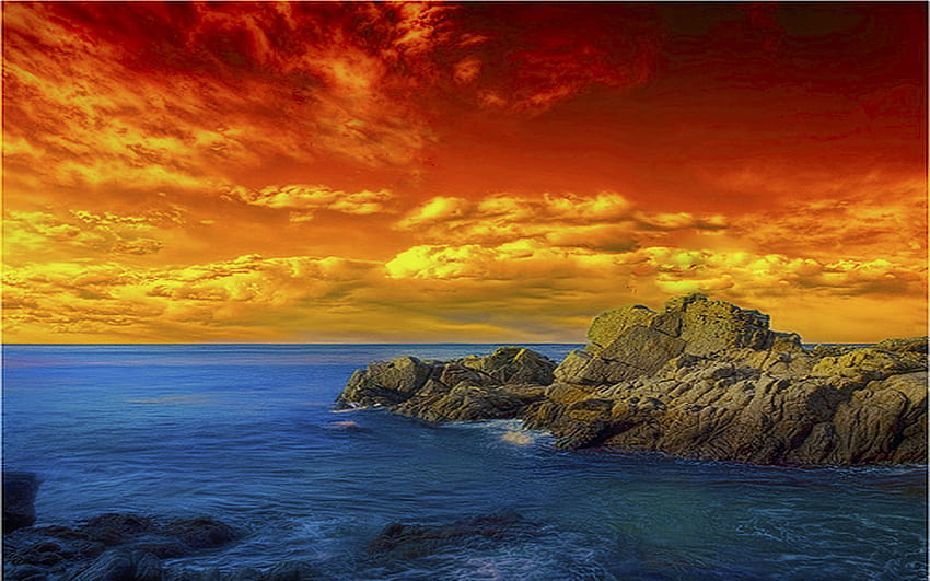 Surréaliste, mer, île, braise, nuages, ciel, rochers, rayon Fond d'écran HD