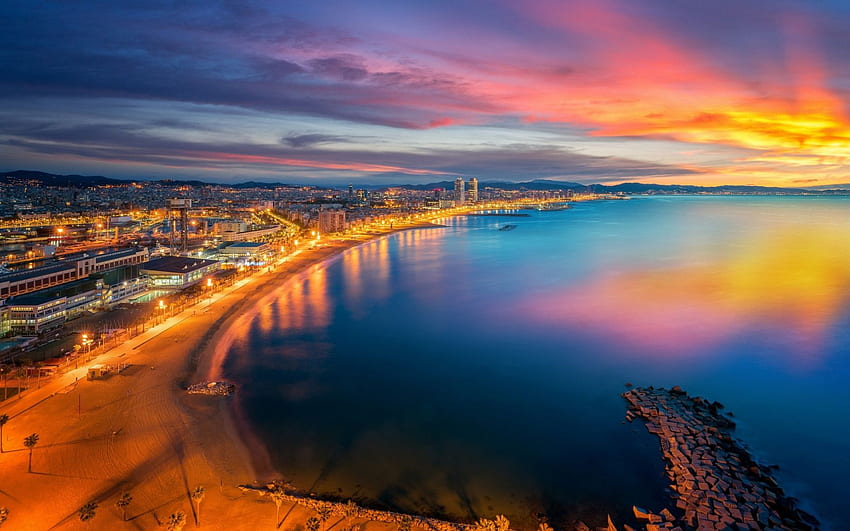 バルセロナ、夕方、夕日、ビーチ、海岸、スペイン ビーチ 高画質の壁紙