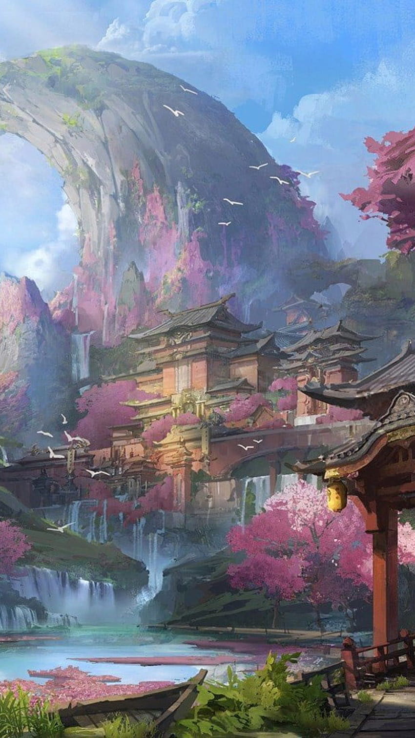Artwork , Seni Fantasi, Arsitektur Cina, Pegunungan, Bunga Sakura • Untuk Anda, Lukisan Gunung Cina wallpaper ponsel HD