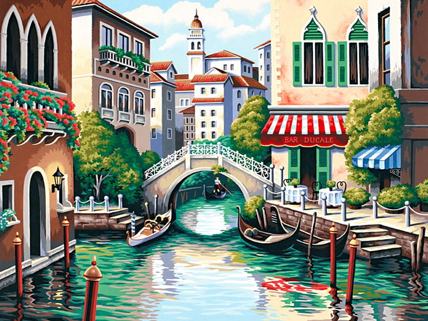 Kanal indah, gondola, perahu, pagi, kota, bagus, refleksi, Venesia, indah, air, tenang, kanal, indah, restoran, kafe, toko, jalan, pasar, menyenangkan Wallpaper HD