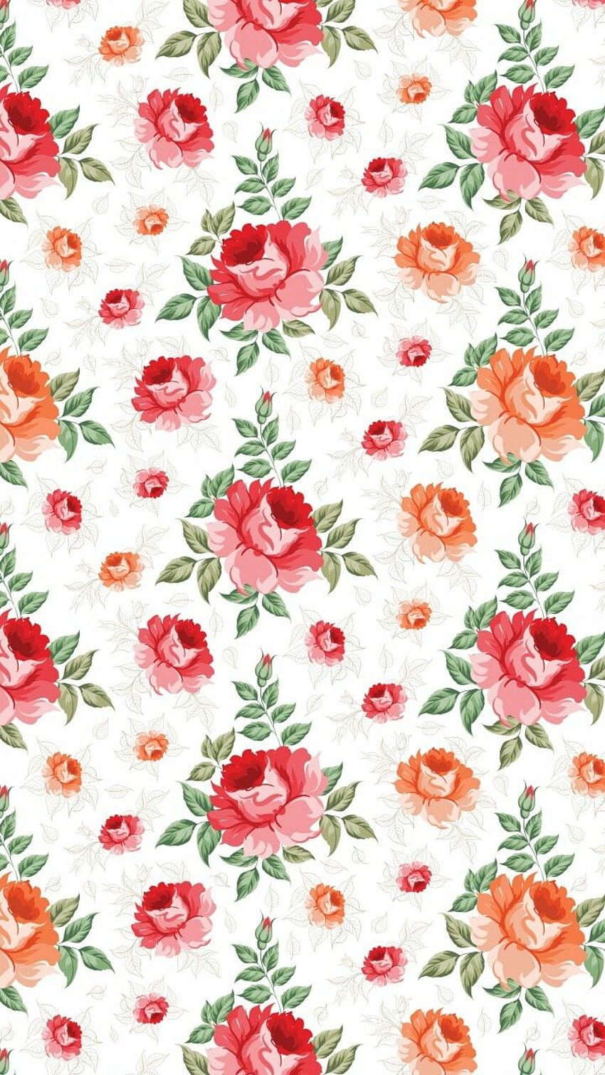 art, background, cartoon, colorful, colour, cute art, design, drawing, flora, flowers, green, illustration, iphone, kawaii, leaves, pastel, pattern, red flowers, texture, vintage, , watercolor, we heart it, flowers background, flowers pattern HD phone wallpaper