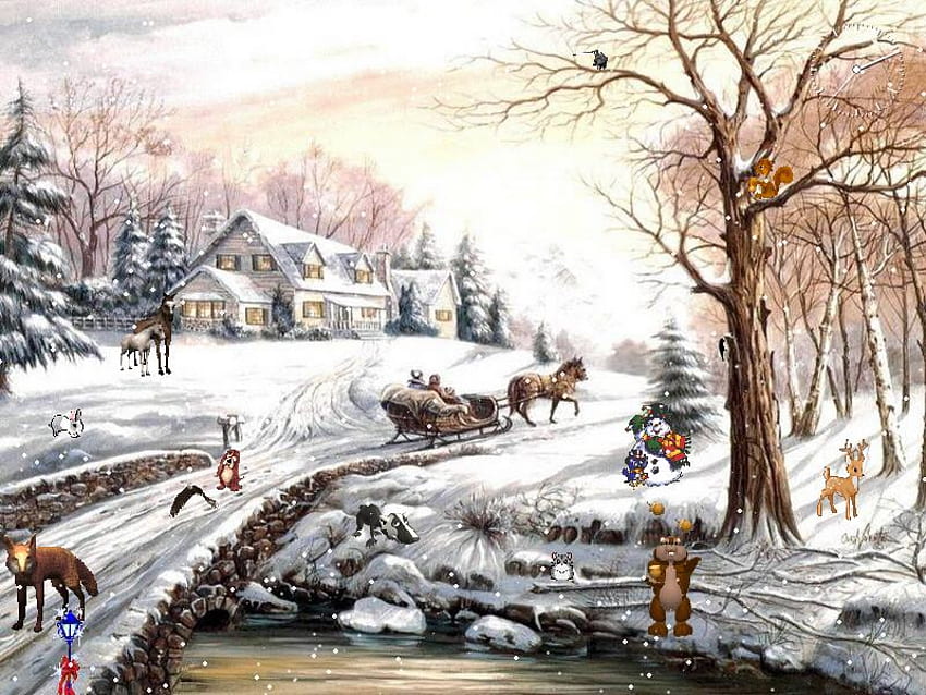 Weihnachtswinter, Winter, Malerei, Schnee, Weihnachten, Landschaft HD-Hintergrundbild