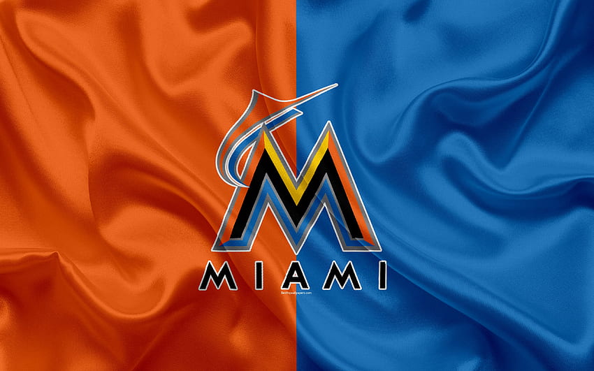 Miami Marlins, logotipo, textura de seda, club de béisbol estadounidense, bandera azul naranja, emblema, MLB, Miami, Florida, Estados Unidos, Major League Baseball con resolución. Alta calidad fondo de pantalla