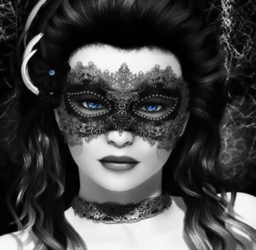 *Beautiful masked woman*, blue, white, black, carnival, brunette, gorgeous, eyes, woman, background, lady, face, web, masked HD wallpaper