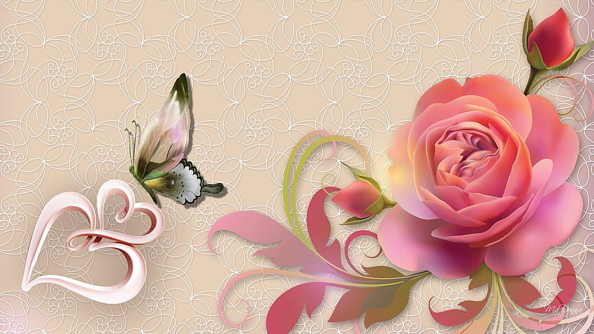 Coeurs et fleurs, papillon et coeur rose Fond d'écran HD