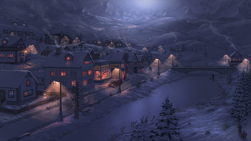 겨울 저녁, 밤, 저녁, 겨울, 조명, 눈 HD 월페이퍼