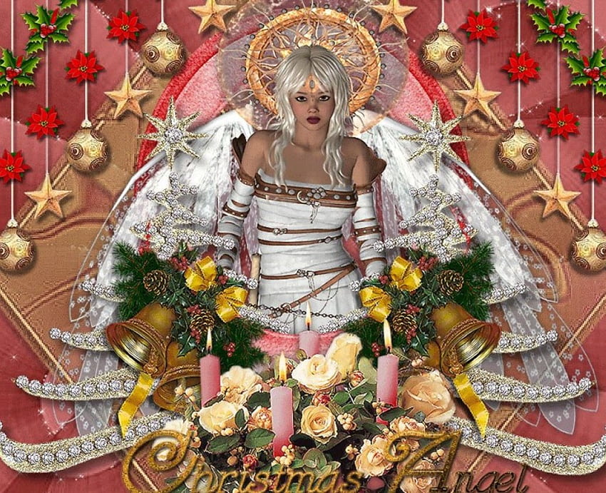 Anioł bożonarodzeniowy, grafika, dekoracja, kwiaty, ozdoby, prezenty, kwiaty, kulki, dzwonki Tapeta HD