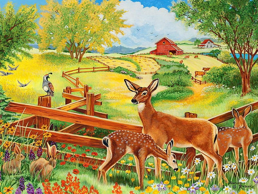 Country idle, birds, roe, peaceful, spring, nice, wildflowers, animals, fence, trees, sweet, art, house, farm, meadow, grass, bunny, lazy, pretty, deer, view, nature, lovely, colorful, cute, serenity, quiet, painting, rabbit, friends, barn, idle, beautiful, carpet, family, field, clouds, sky, flowers, calmness HD wallpaper