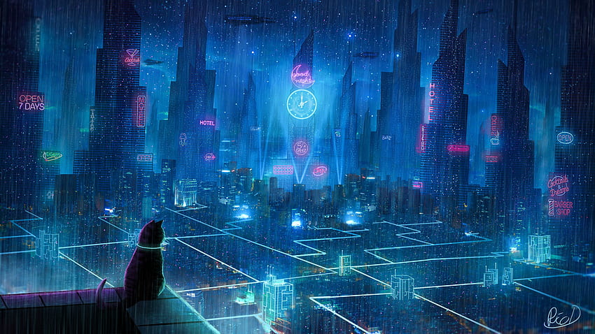 แมว หลังคา เมือง แสงนีออน มหานคร อนาคต cyberpunk จอไวด์สกรีน พื้นหลัง 16:9 2560X1440 อนาคต วอลล์เปเปอร์ HD